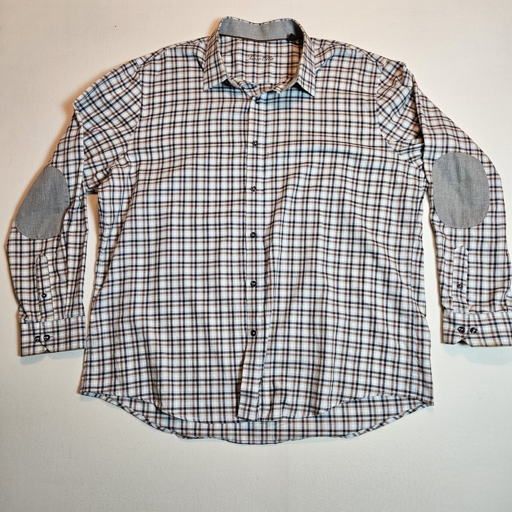 Tasso Elba Men's 2XL Button Plaid Shirt Long Sleeve Elbow Patches‎ Brown Blue